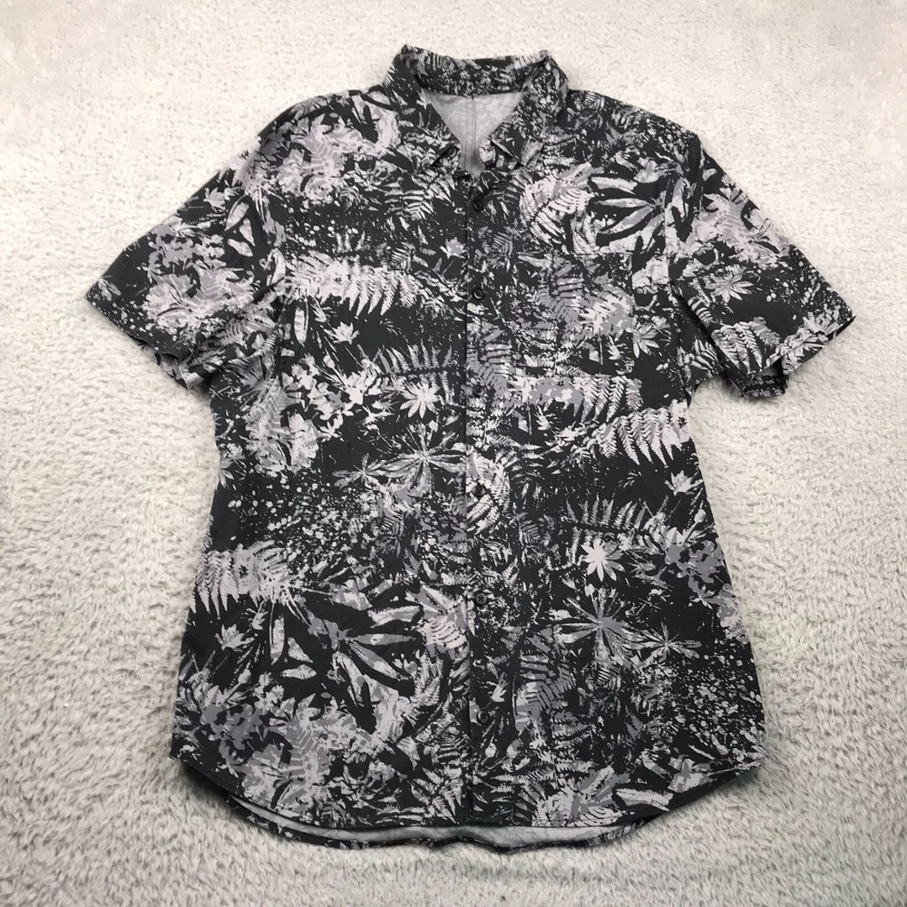 Lululemon All Town Shirt Mens M Black Tropical Abstract Print Button Up
